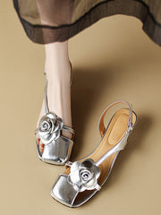 Belt Buckle Flower Shape Hollow Split-Joint Square-Toe Sandals