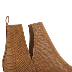 Light Brown Snakeskin Faux Leather Closed Toe Ankle Booties