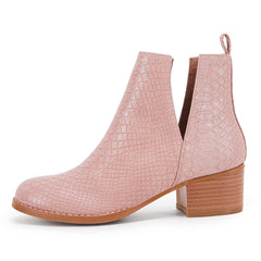 Pink Snakeskin Faux Leather Closed Toe Ankle Booties