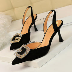 Women's Low-cut Pointed Toe Suede Hollow-out Back Strap Metal Rhinestone Heels