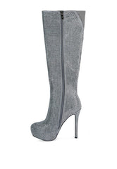 Grey Rhinestone Embellished Stiletto Calf Boots