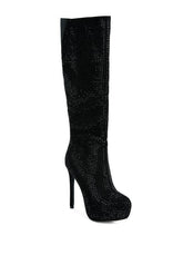 Black Rhinestone Embellished Stiletto Calf Boots