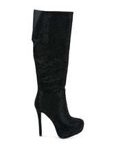 Burgudy Rhinestone Embellished Stiletto Calf Boots