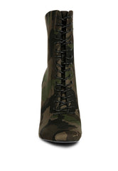 Camouflage Green Lace Up Leather Ankle Boots
