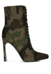 Camouflage Green Lace Up Leather Ankle Boots
