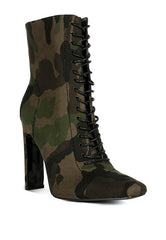 Camouflage Green Lace Up Leather Ankle Boots