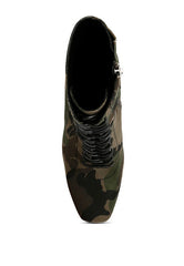 Camouflage Green Lace Up Leather Ankle Boots