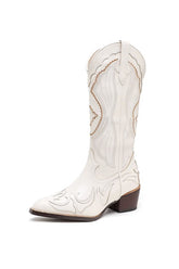 New Fashion Spring Outfit White Embroidery Pointed Western Cowboy Boots