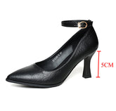 Classic Black Thin Heels Pumps Women Pointed Toe Ankle Strap High Heels Shoes Woman Pu Leather Soft Sole Office Shoes
