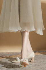 French square toe chunky pearl high heels in white