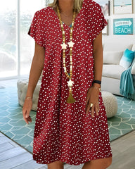 Calaine - Casual V-Neck Dress with Heart Print and Short Sleeves