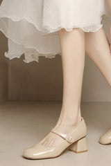 Nude French retro high-heeled leather shoes