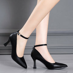 Classic Black Thin Heels Pumps Women Pointed Toe Ankle Strap High Heels Shoes Woman Pu Leather Soft Sole Office Shoes