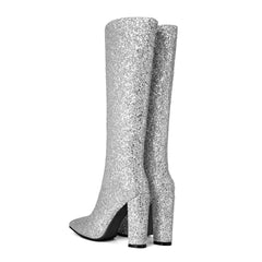 Glitter Sequin Silver Iconic Pointed Toe Thigh High Boots