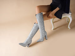 Glitter Sequin Silver Iconic Pointed Toe Thigh High Boots