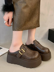 Belt Buckle Round-Toe Split-Joint Loafers Platform Shoes Slippers&Mules