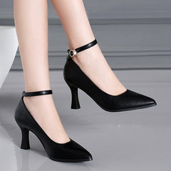Classic Black Thin Heels Pumps Women Pointed Toe Ankle Strap High Heels Shoes Woman Pu Leather Soft Sole Office Shoes