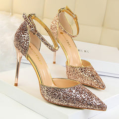 Women's Stiletto Low-cut Pointed-toe Hollowed Sequined Sexy Heels