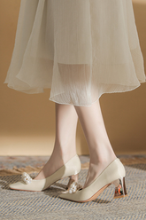 French square toe chunky pearl high heels in white