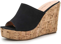 Soft Vegan Leather Navy Blue Cork Style Wedge Sandals