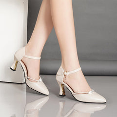 Comfortable Sandals Summer One Word Buckle Thick Heels High Heels All-match Soft Leather High-heeled Shoes