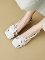 Belt Buckle Flower Shape Hollow Split-Joint Square-Toe Sandals