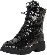 Lace Up Glitter Sequin Black Combat Boots