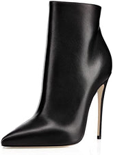 Black Leather Zipper Stiletto Heel Booties