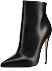 Black Leather Zipper Stiletto Heel Booties