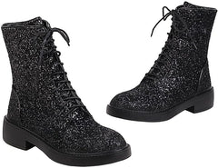 Lace Up Glitter Sequin 4cm-black Combat Boots