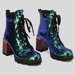 Lace Up Glitter Sequin 9cm-green Combat Boots
