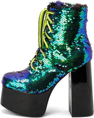 Lace Up Glitter Sequin Turquoise Green Combat Boots