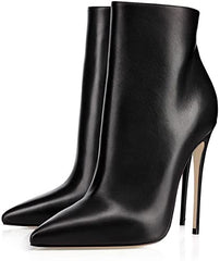 Black Leather Zipper Stiletto Heel Booties