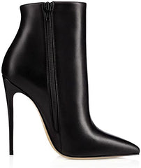 Black Leather Zipper Stiletto Heel Booties
