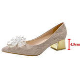 Elegant Crystal Flower Bride Shoes Women New Bling Bowknot Med Heels Pumps Woman Slip-on Thick Heels Wedding Shoes