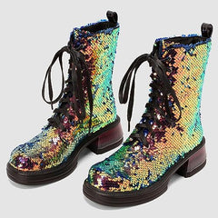 Lace Up Glitter Sequin 5.5cm-gold Combat Boots