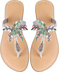 Bohemian Palm Tree Silver Multi Color Rhinestone T Strap Sandals