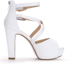 Nurtured White Pu Crisscross Strappy Chunky Heel Sandals