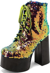 Lace Up Glitter Sequin 14 Gold/Green Combat Boots