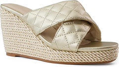 Quilted Blue Open Toe Wedge Sandals