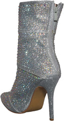 Rhinestone Studded Silver Stiletto Ankle Boots
