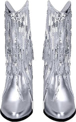 Metallic Silver Glitter Sequin Tassel Cowboy Boots