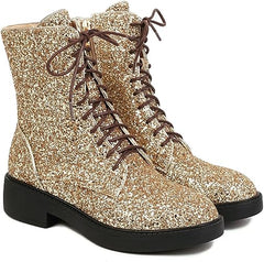 Lace Up Glitter Sequin 4cm-gold Combat Boots