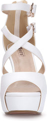 Nurtured White Pu Crisscross Strappy Chunky Heel Sandals