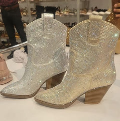 Rhinestone Studded Sequin Champagne Rhinestone Ankle Boots