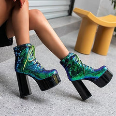 Lace Up Glitter Sequin Turquoise Green Combat Boots