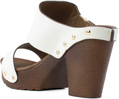 Slip On White Chunky Heel Peep Toe Mule Sandals