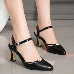 Comfortable Sandals Summer One Word Buckle Thick Heels High Heels All-match Soft Leather High-heeled Shoes