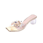 Crystal Sandals Elegant Middle Heels Women slippers Summer Shoes Open Toe Sandal Chunky Heels Woman Red Gold Sliver