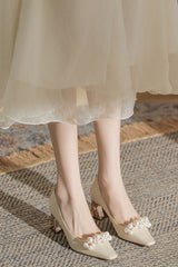 French square toe chunky pearl high heels in white